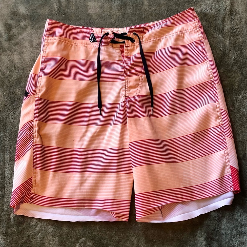 [3/$15] Volcom Red & Orange Striped Swim Trunks